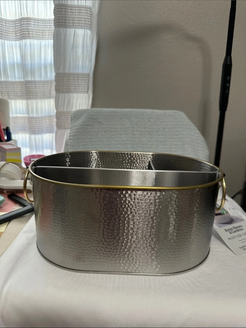 Metal Hammered Oval Storage Basket with Gold Handles NWT